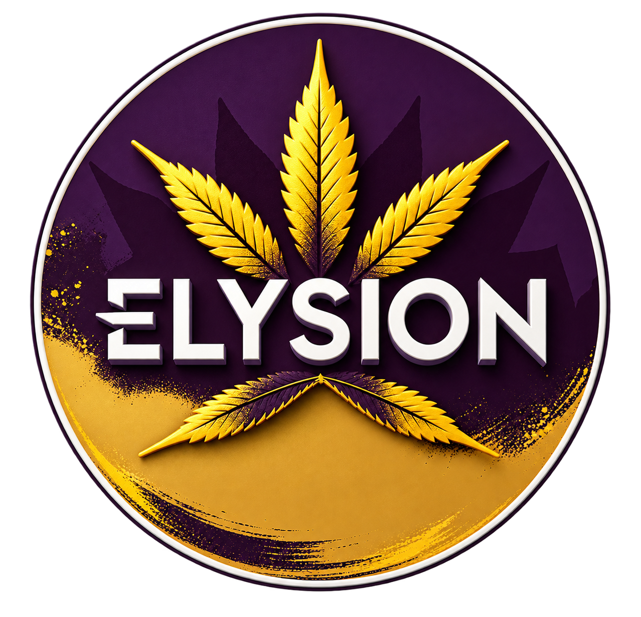 Elysion – goldenes Hanfblatt und weißer 3D-Schriftzug auf Lila